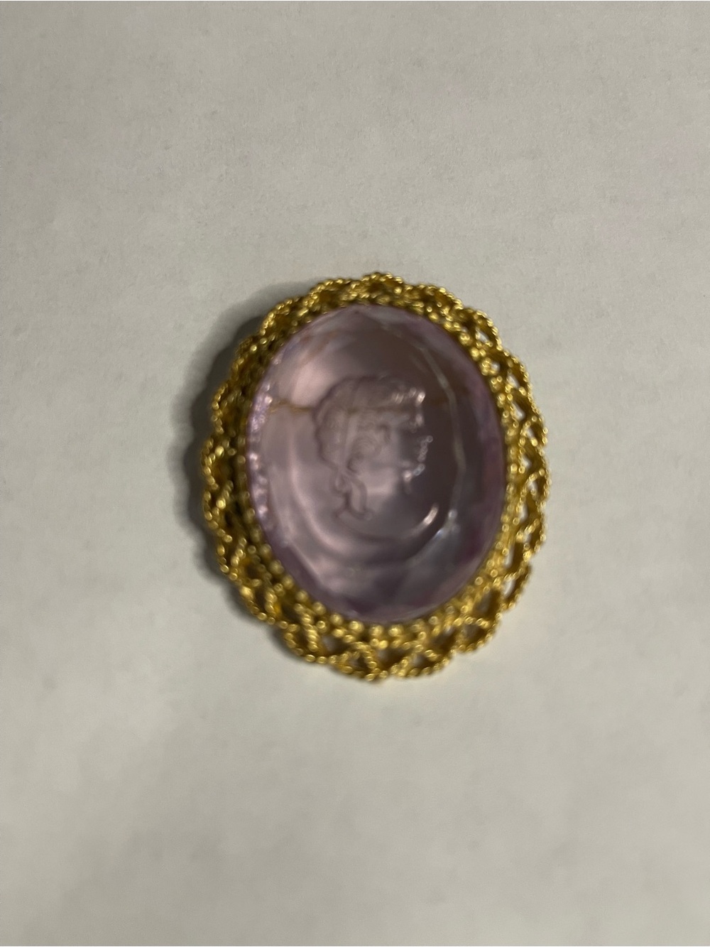 vintage light lavender intaglio crystal glass cameo brooch gold plated frame